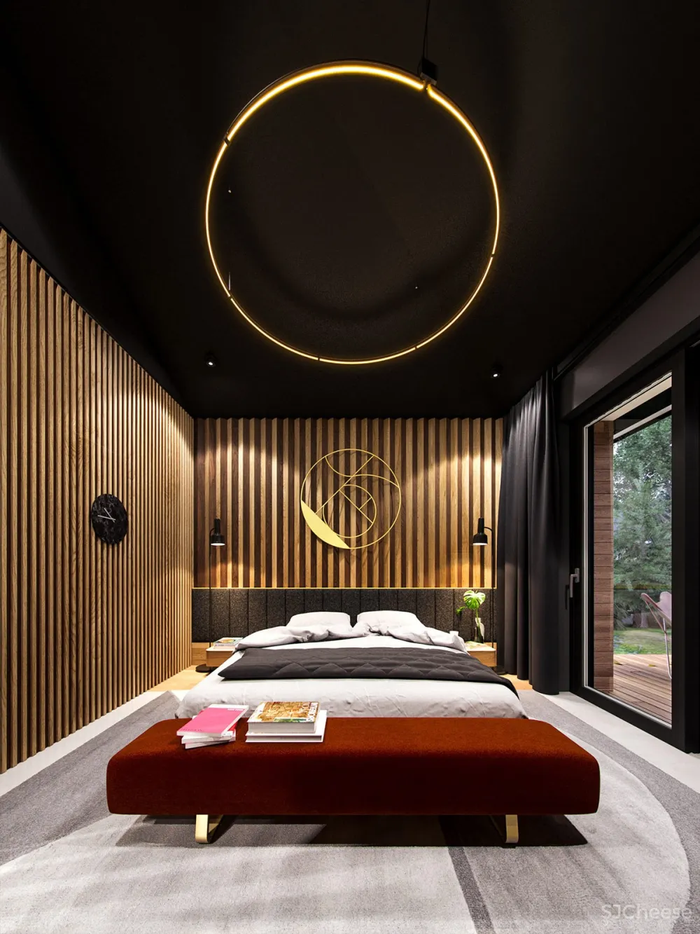 深绿色与木纹板条墙壁，时尚和温馨的星空豪宅 ZARYSY