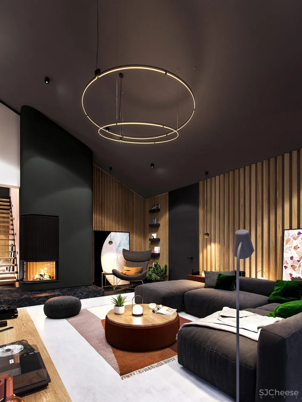 深绿色与木纹板条墙壁，时尚和温馨的星空豪宅 ZARYSY