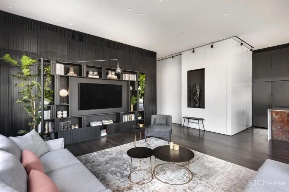 现代质感公寓丨哑光黑的背景墙太有线条感