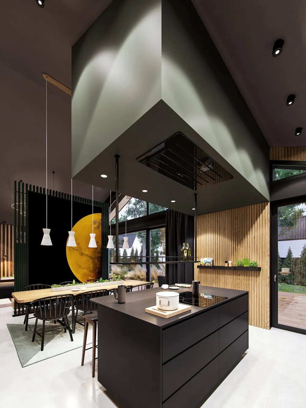 深绿色与木纹板条墙壁，时尚和温馨的星空豪宅 ZARYSY