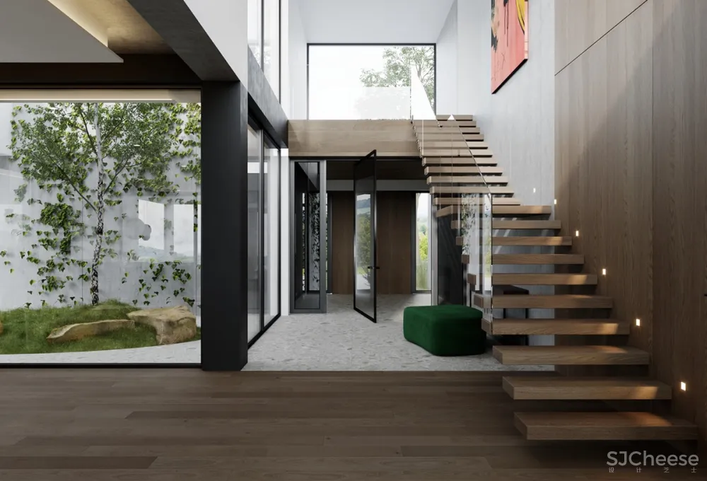 拥有精致庭院和浮动楼梯的高档现代住宅设计 Studioe