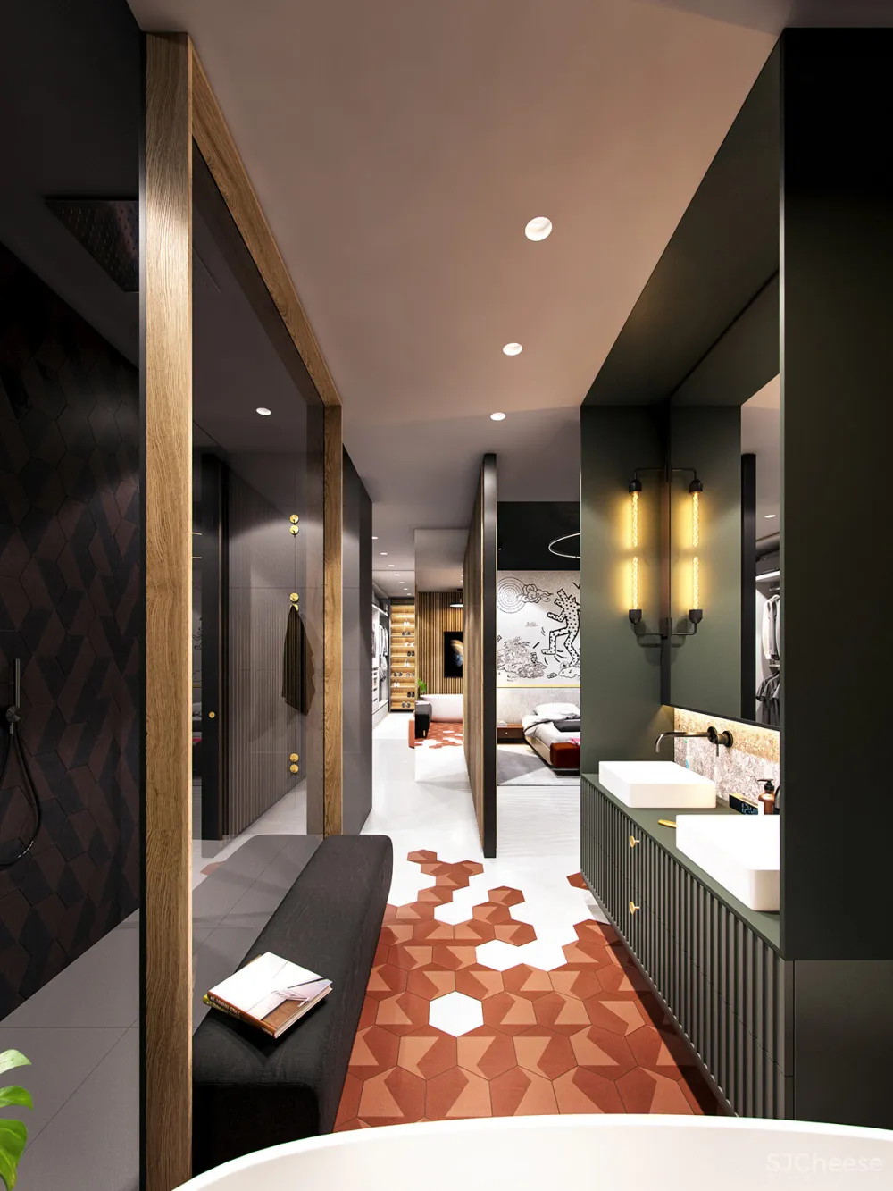 深绿色与木纹板条墙壁，时尚和温馨的星空豪宅 ZARYSY