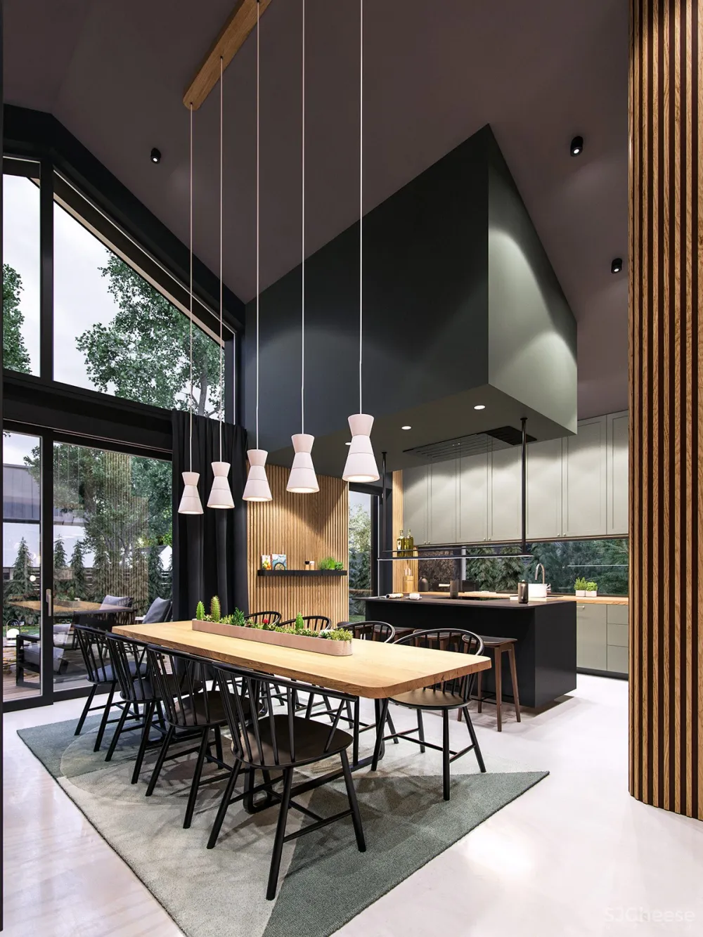 深绿色与木纹板条墙壁，时尚和温馨的星空豪宅 ZARYSY