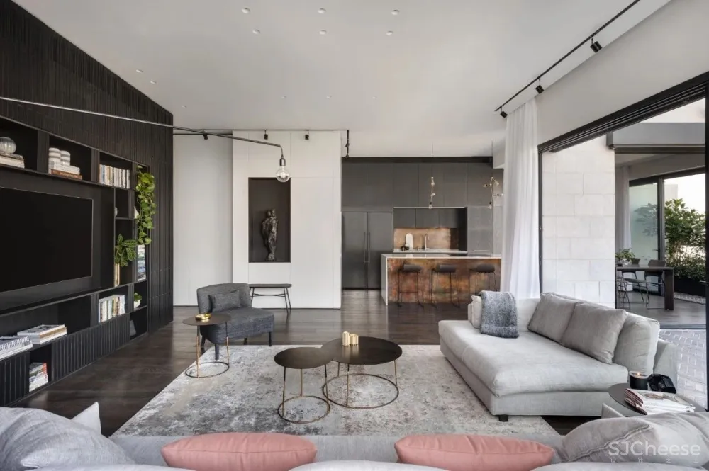 现代质感公寓丨哑光黑的背景墙太有线条感