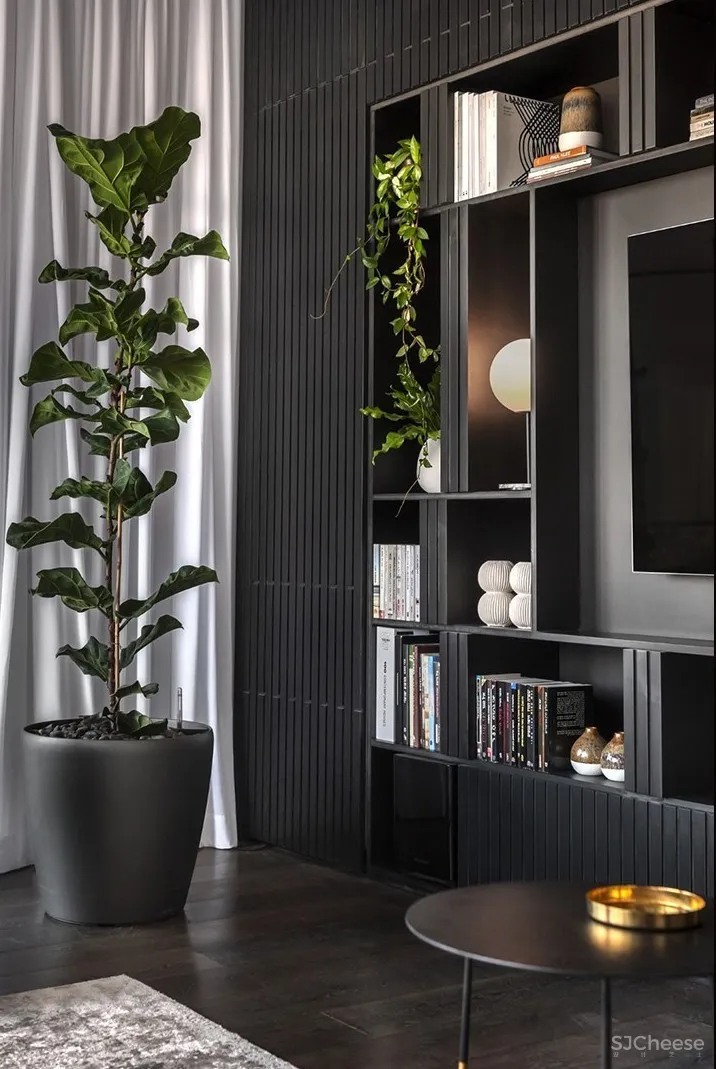 现代质感公寓丨哑光黑的背景墙太有线条感