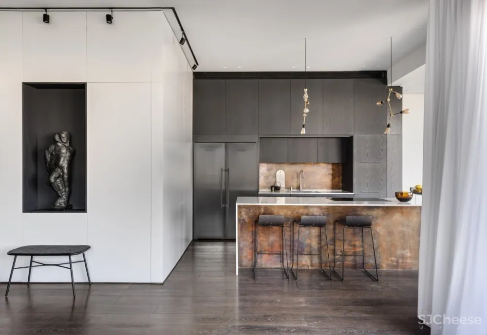 现代质感公寓丨哑光黑的背景墙太有线条感