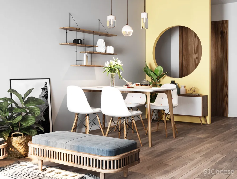 粉蓝色休闲家具和水仙花黄色特色墙让这个家轻松自在 KienKt Studio