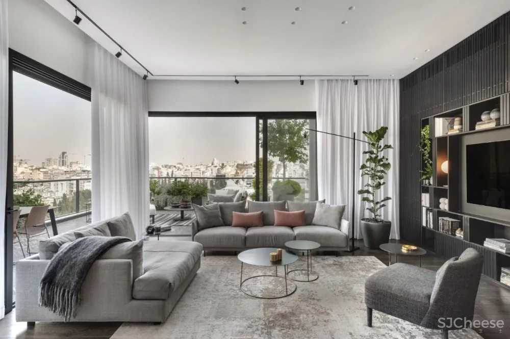 现代质感公寓丨哑光黑的背景墙太有线条感