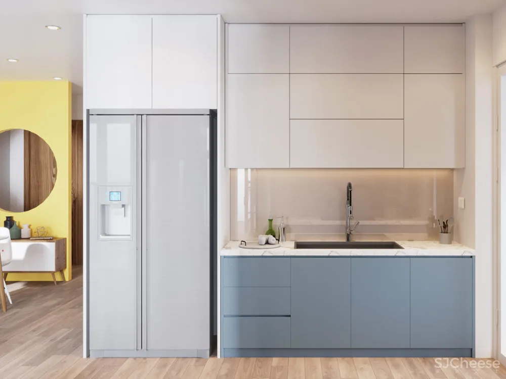 粉蓝色休闲家具和水仙花黄色特色墙让这个家轻松自在 KienKt Studio