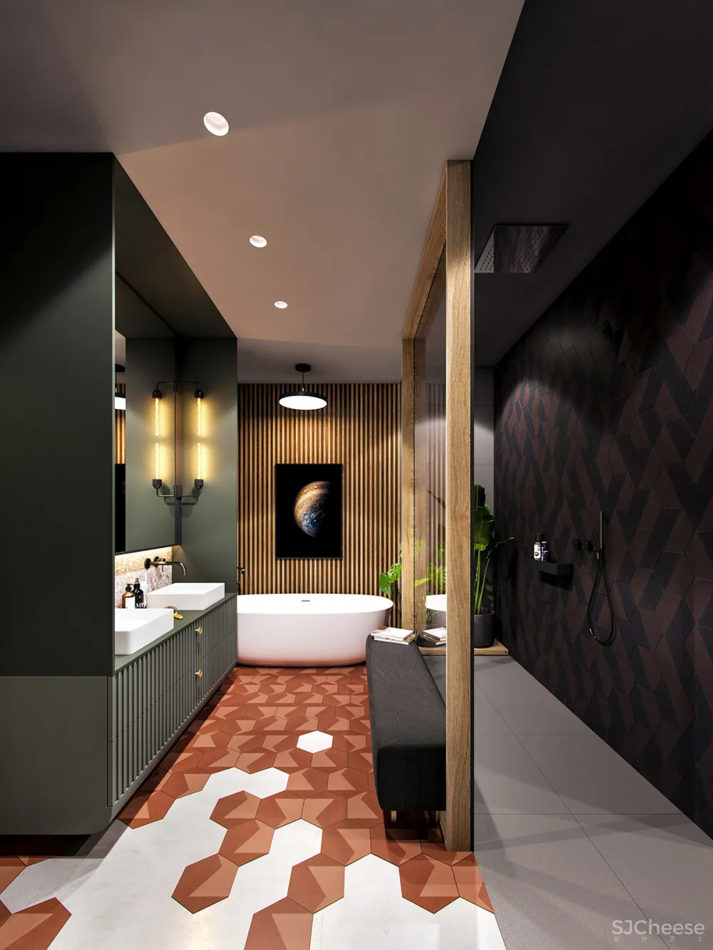 深绿色与木纹板条墙壁，时尚和温馨的星空豪宅 ZARYSY