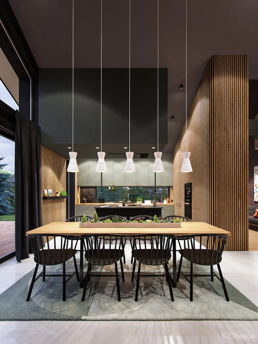 深绿色与木纹板条墙壁，时尚和温馨的星空豪宅 ZARYSY