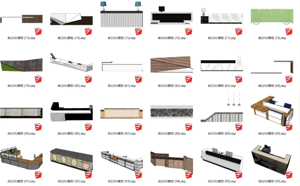 办公室内设计餐饮酒店空间丨前台SU草图大师sketch up模型149个丨SKP+JPG丨1.6G