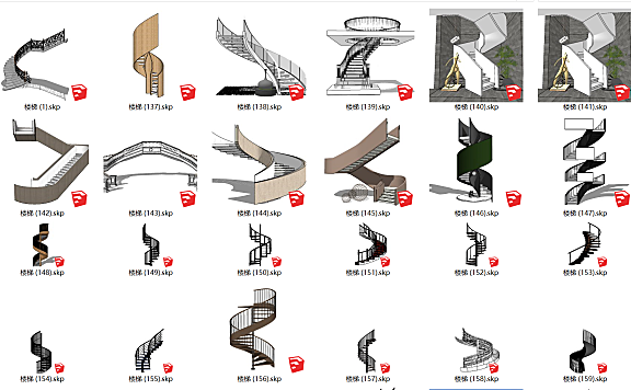 工装楼梯SU模型合集-电梯扶梯人行天桥室内外楼梯旋转U型悬空楼梯-198个-564M