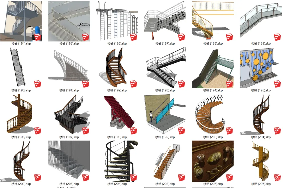 工装楼梯SU模型合集-电梯扶梯人行天桥室内外楼梯旋转U型悬空楼梯-198个-564M