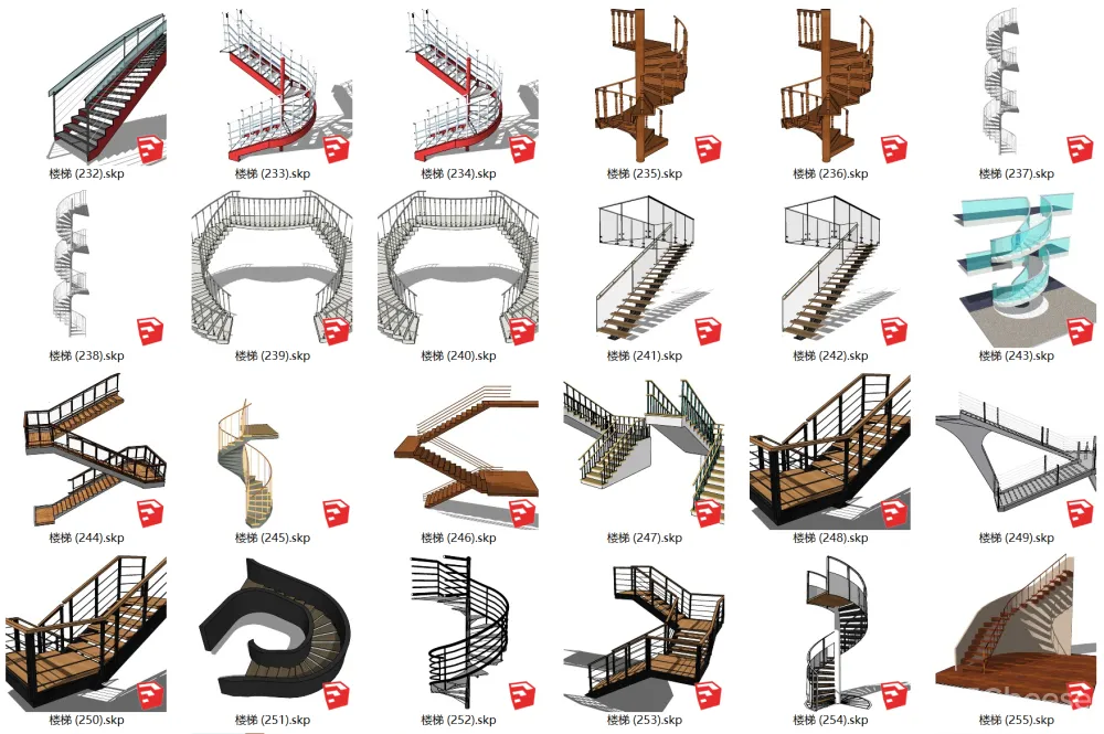 工装楼梯SU模型合集-电梯扶梯人行天桥室内外楼梯旋转U型悬空楼梯-198个-564M