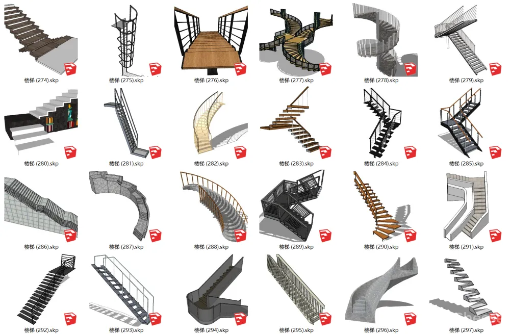 工装楼梯SU模型合集-电梯扶梯人行天桥室内外楼梯旋转U型悬空楼梯-198个-564M