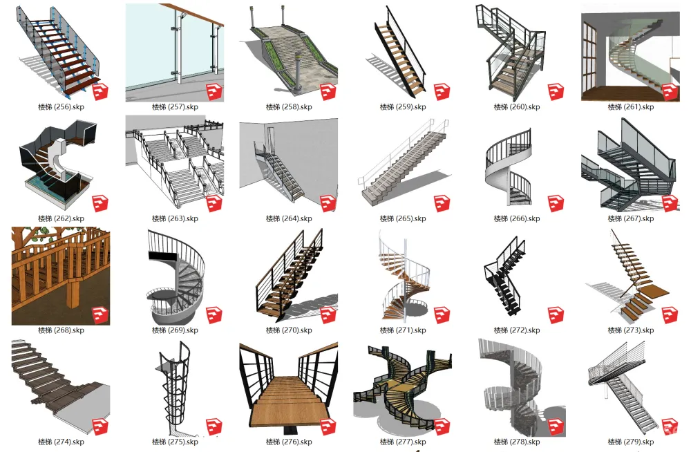 工装楼梯SU模型合集-电梯扶梯人行天桥室内外楼梯旋转U型悬空楼梯-198个-564M