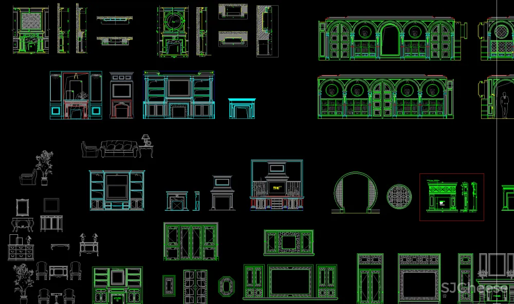 CAD图库-美式风格丨家装工装平、立图块丨家具CAD图库+立面背景墙丨DWG格式-19.7M