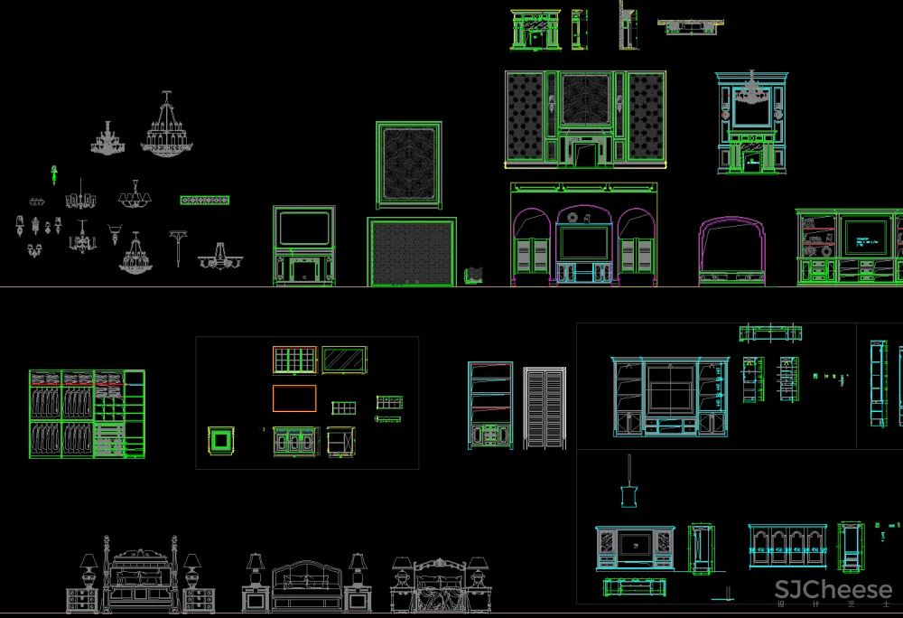 CAD图库-美式风格丨家装工装平、立图块丨家具CAD图库+立面背景墙丨DWG格式-19.7M