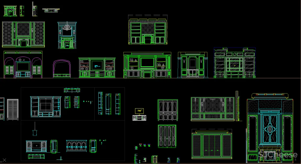 CAD图库-美式风格丨家装工装平、立图块丨家具CAD图库+立面背景墙丨DWG格式-19.7M