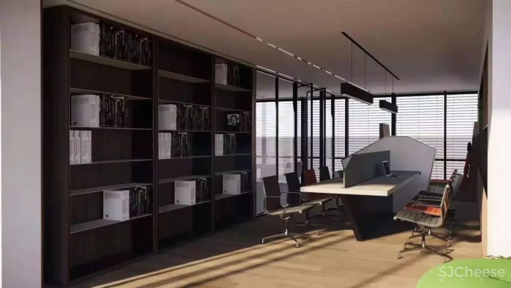 100㎡办公间大改造,炫酷的旋转书柜、无敌采光,美到极致!