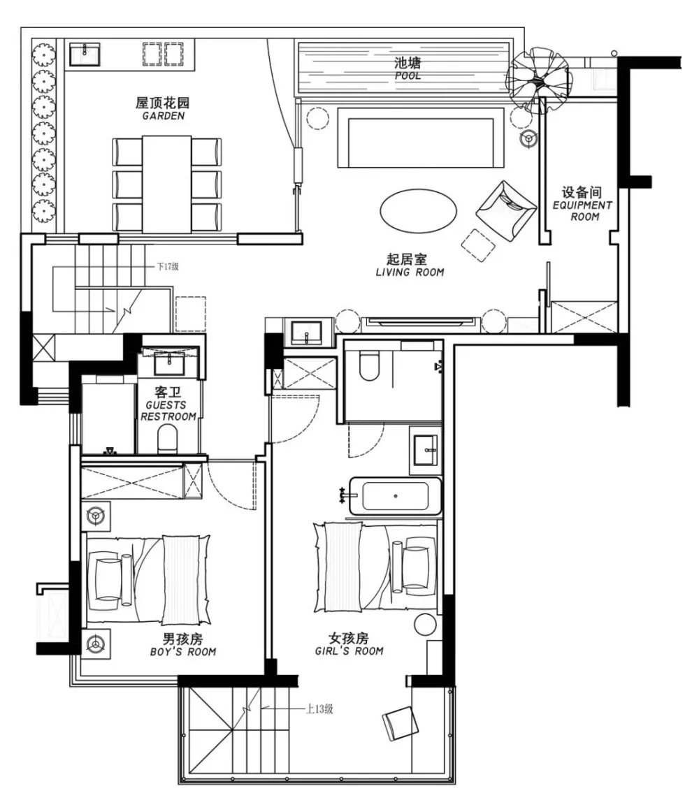 240㎡复式低干预痕迹的设计,在黑白色调中体现高级感 匠人筑语空间设计工作室