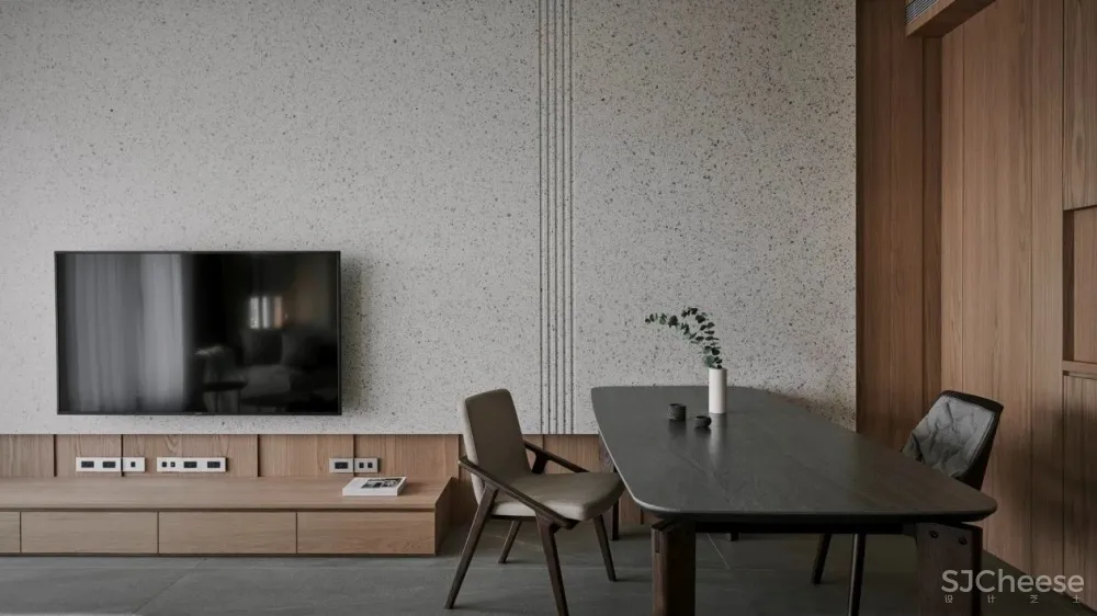 原木 水磨石，四口人的阅读之家 御见设计