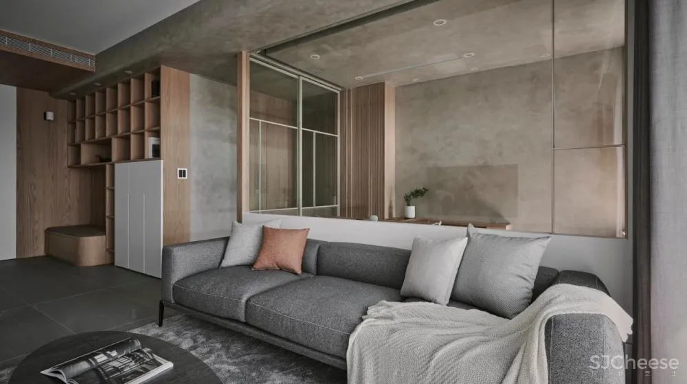 原木 水磨石，四口人的阅读之家 御见设计