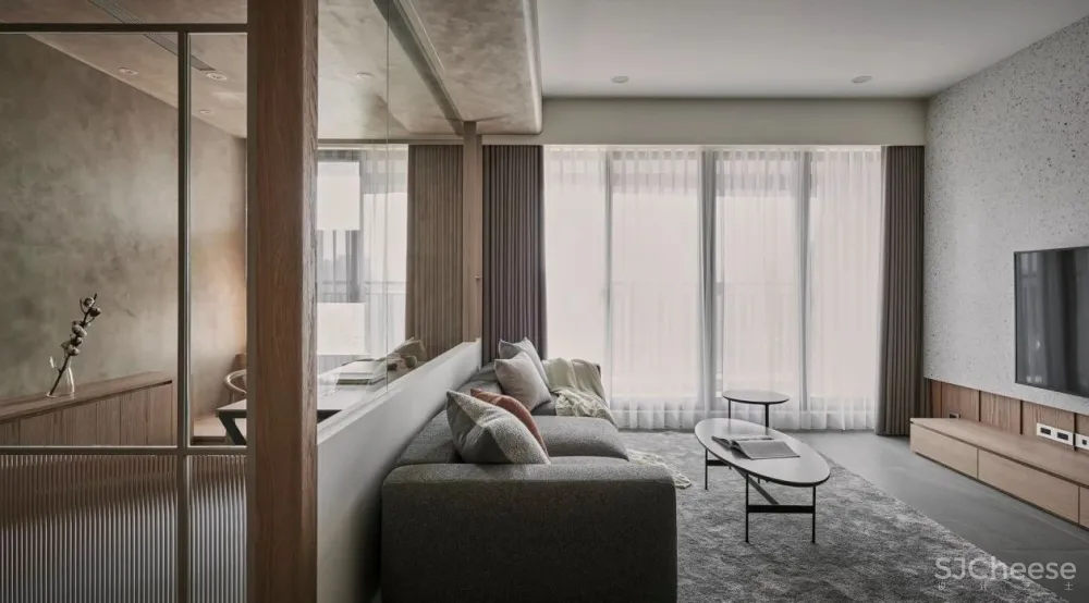 原木 水磨石，四口人的阅读之家 御见设计