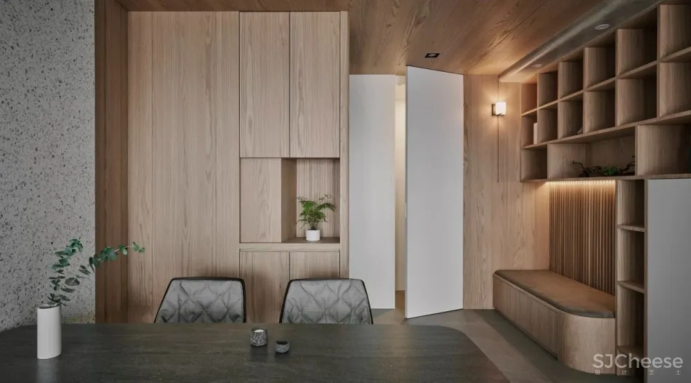 原木 水磨石，四口人的阅读之家 御见设计