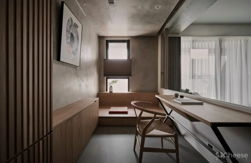 原木 水磨石，四口人的阅读之家 御见设计