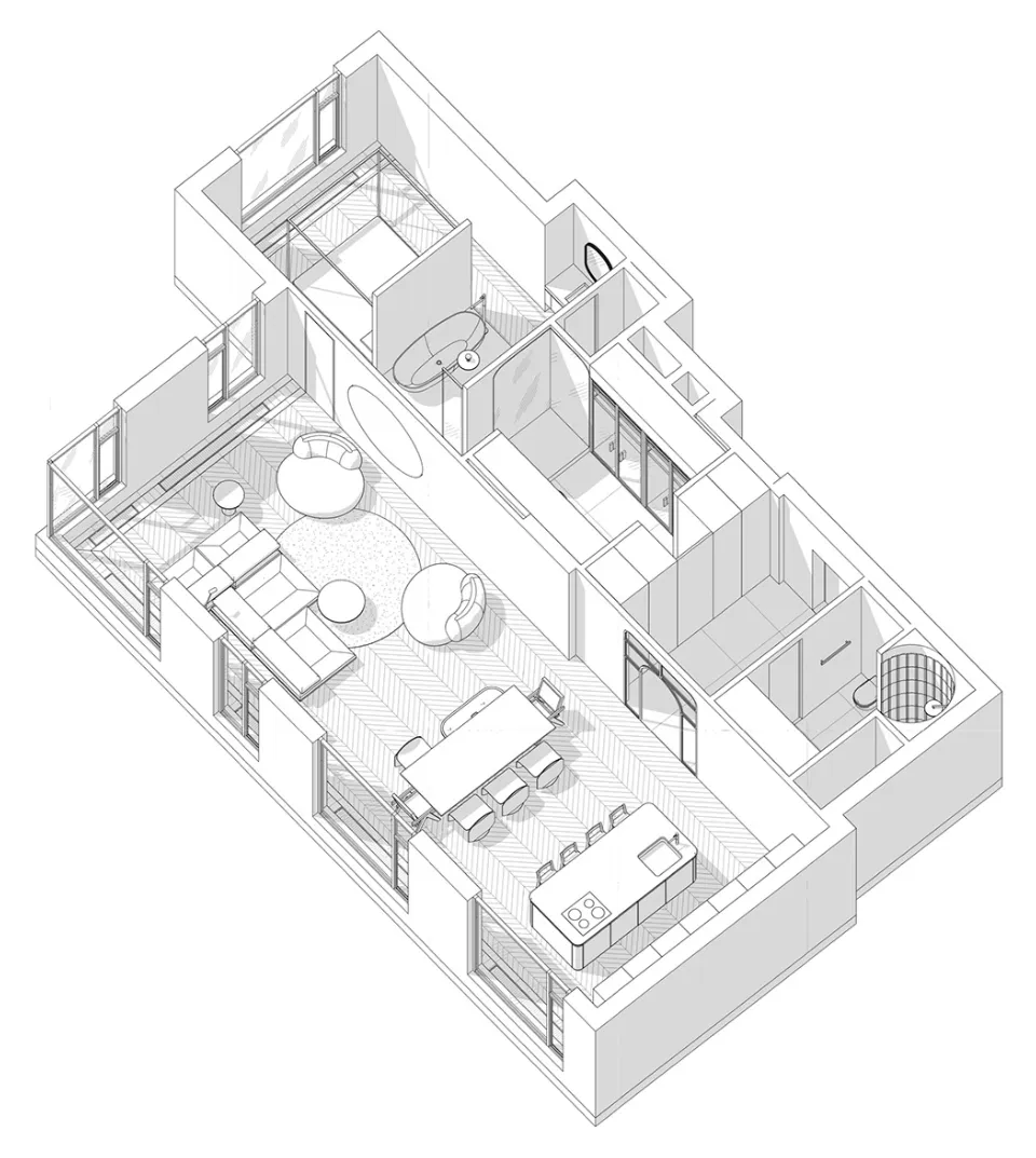 114㎡ 只做一室一厅，三开间的横厅太豪华了！