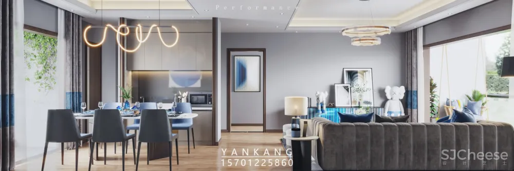 高端地产原创现代蓝色样板间效果图表现