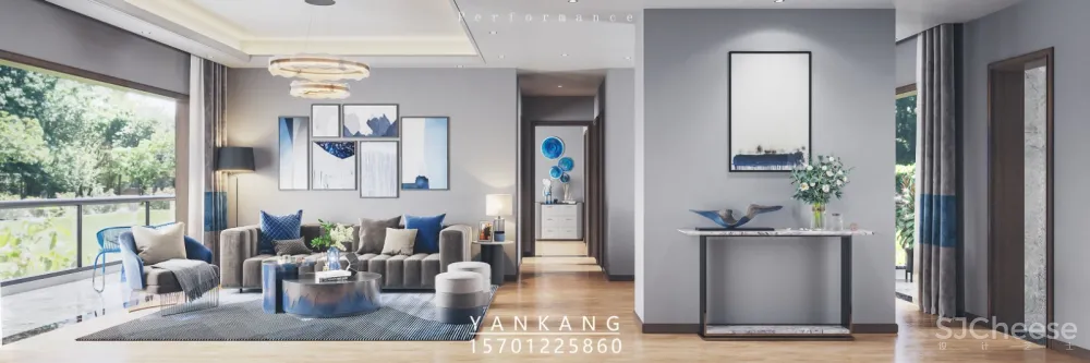 高端地产原创现代蓝色样板间效果图表现