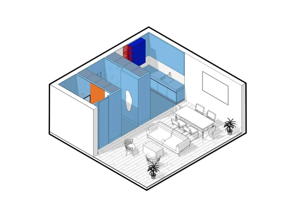 用蓝色和橙色装点室内,这间单身公寓充满了活力与精致