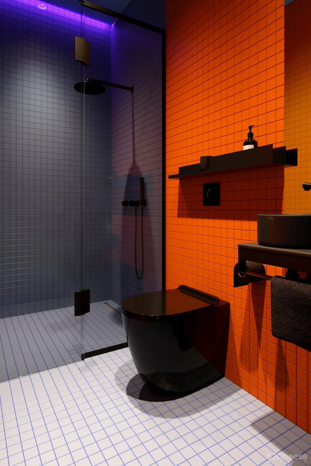 用蓝色和橙色装点室内,这间单身公寓充满了活力与精致