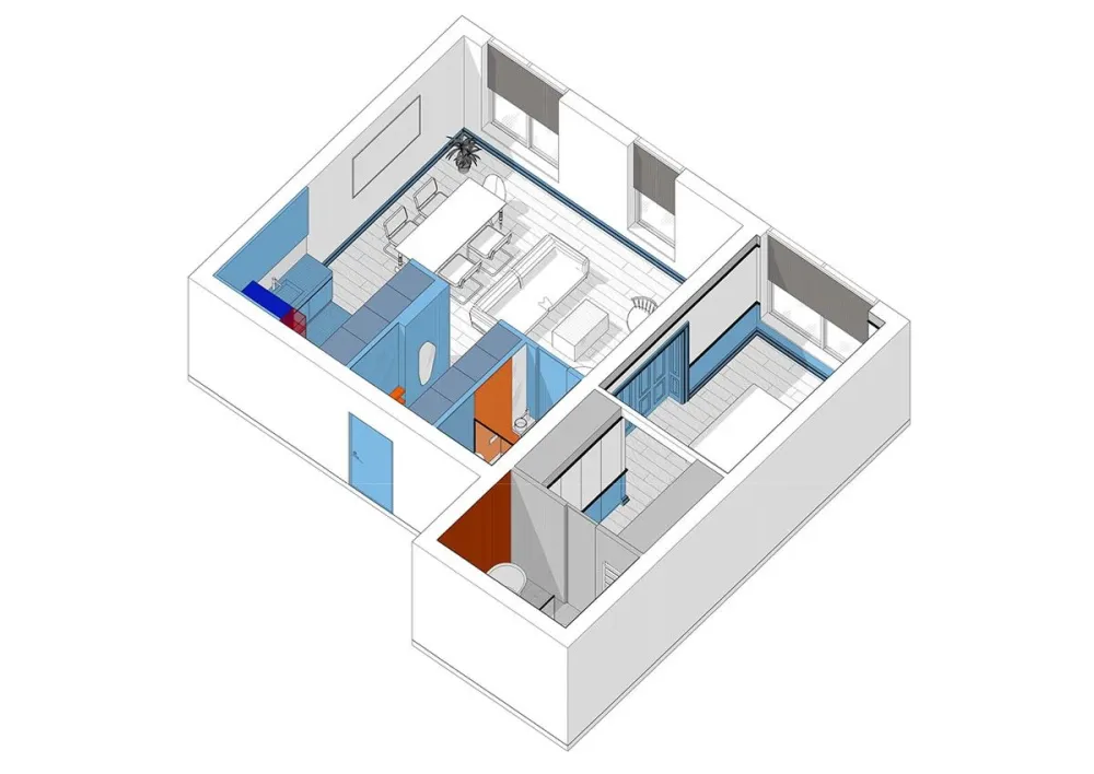 用蓝色和橙色装点室内,这间单身公寓充满了活力与精致