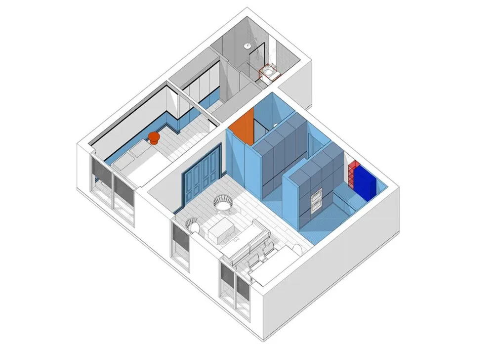 用蓝色和橙色装点室内,这间单身公寓充满了活力与精致