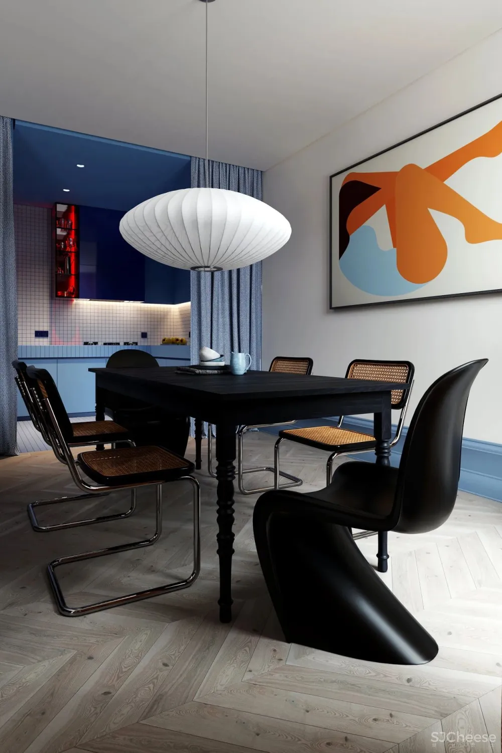 用蓝色和橙色装点室内,这间单身公寓充满了活力与精致