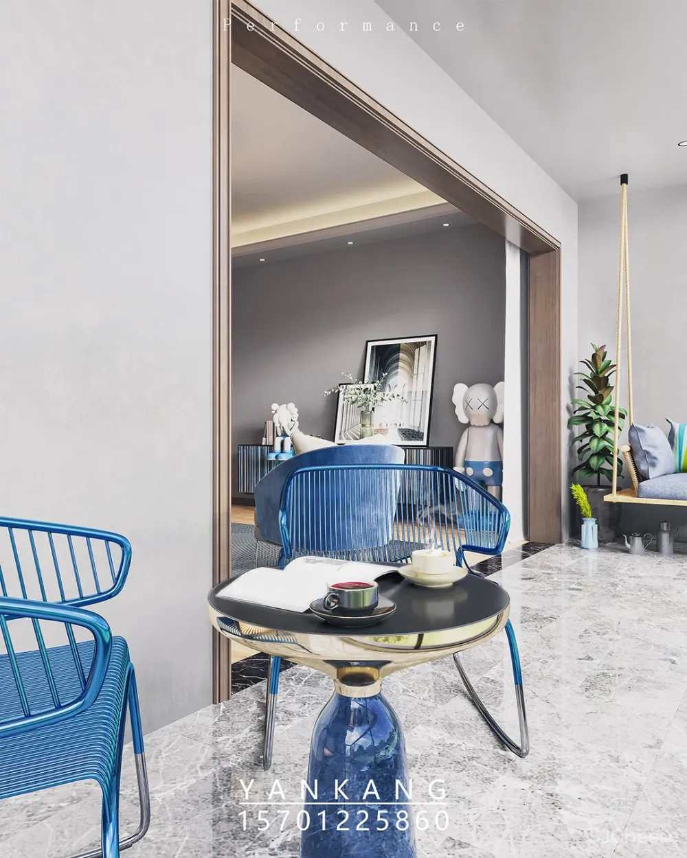 高端地产原创现代蓝色样板间效果图表现