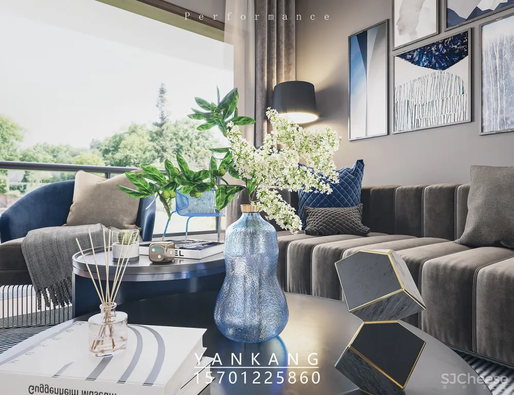 高端地产原创现代蓝色样板间效果图表现