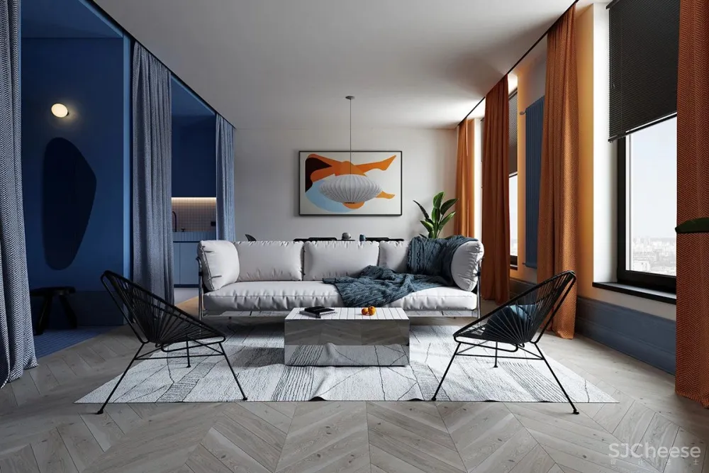 用蓝色和橙色装点室内,这间单身公寓充满了活力与精致