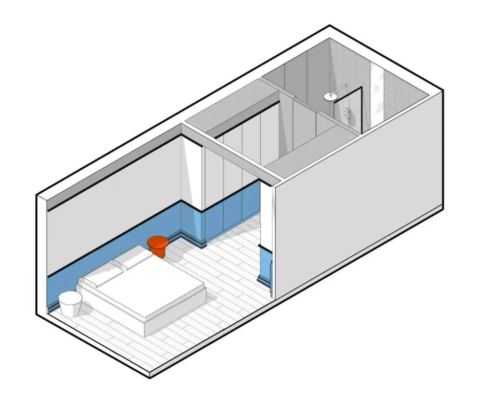 用蓝色和橙色装点室内,这间单身公寓充满了活力与精致
