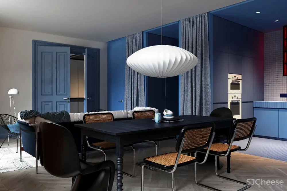 用蓝色和橙色装点室内,这间单身公寓充满了活力与精致