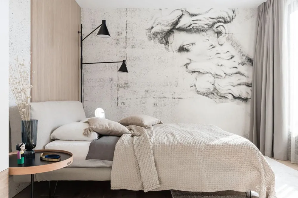 简约风的两室一厅,卧室用木饰面做背景太有范了!