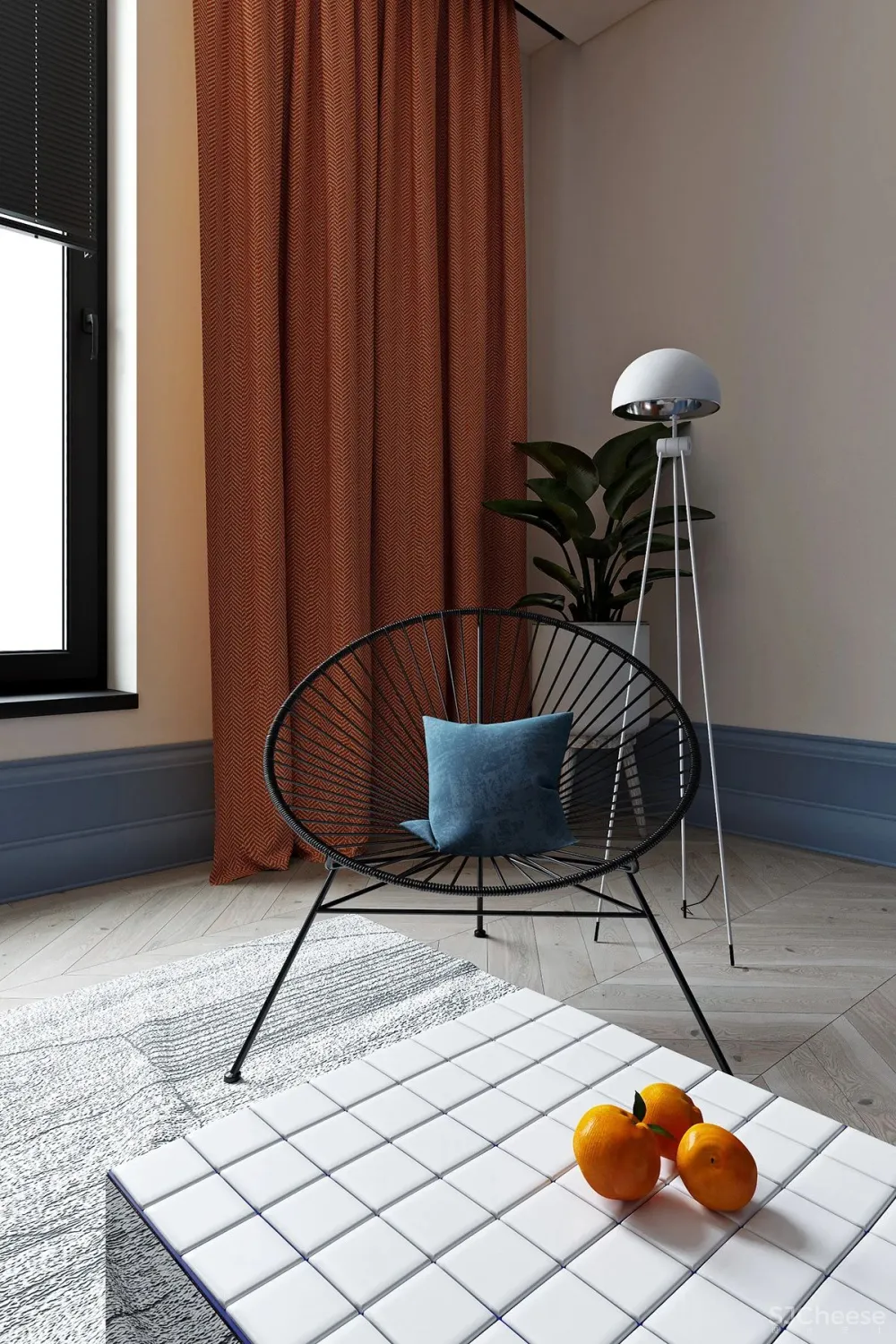 用蓝色和橙色装点室内,这间单身公寓充满了活力与精致