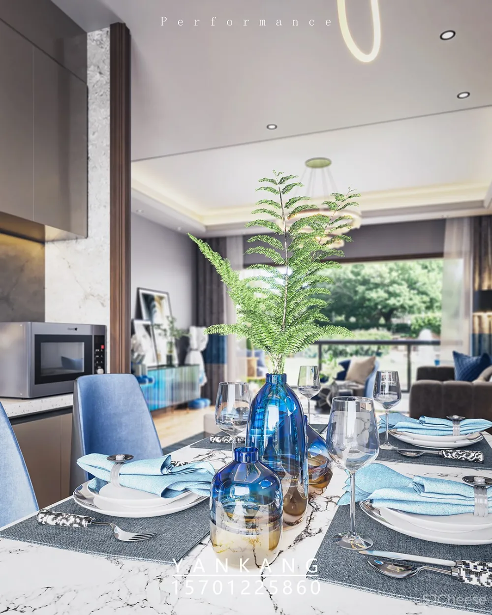 高端地产原创现代蓝色样板间效果图表现