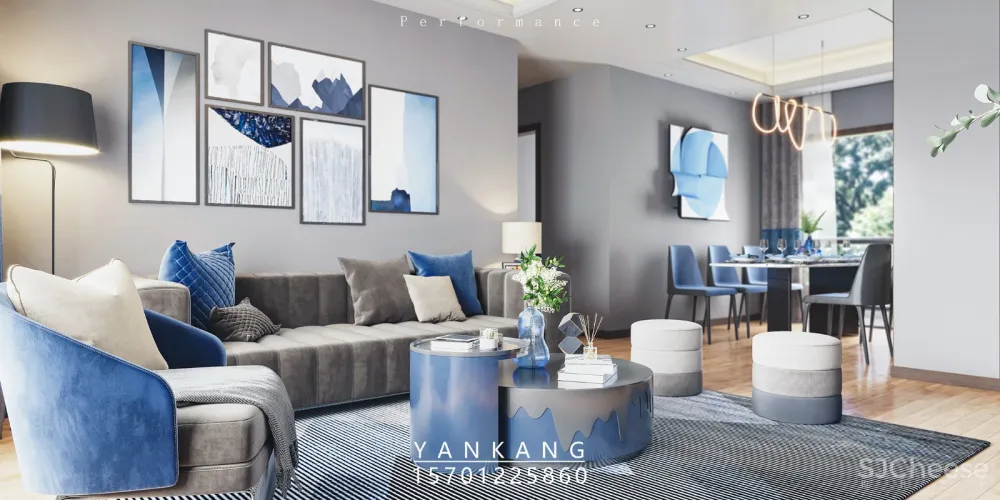 高端地产原创现代蓝色样板间效果图表现