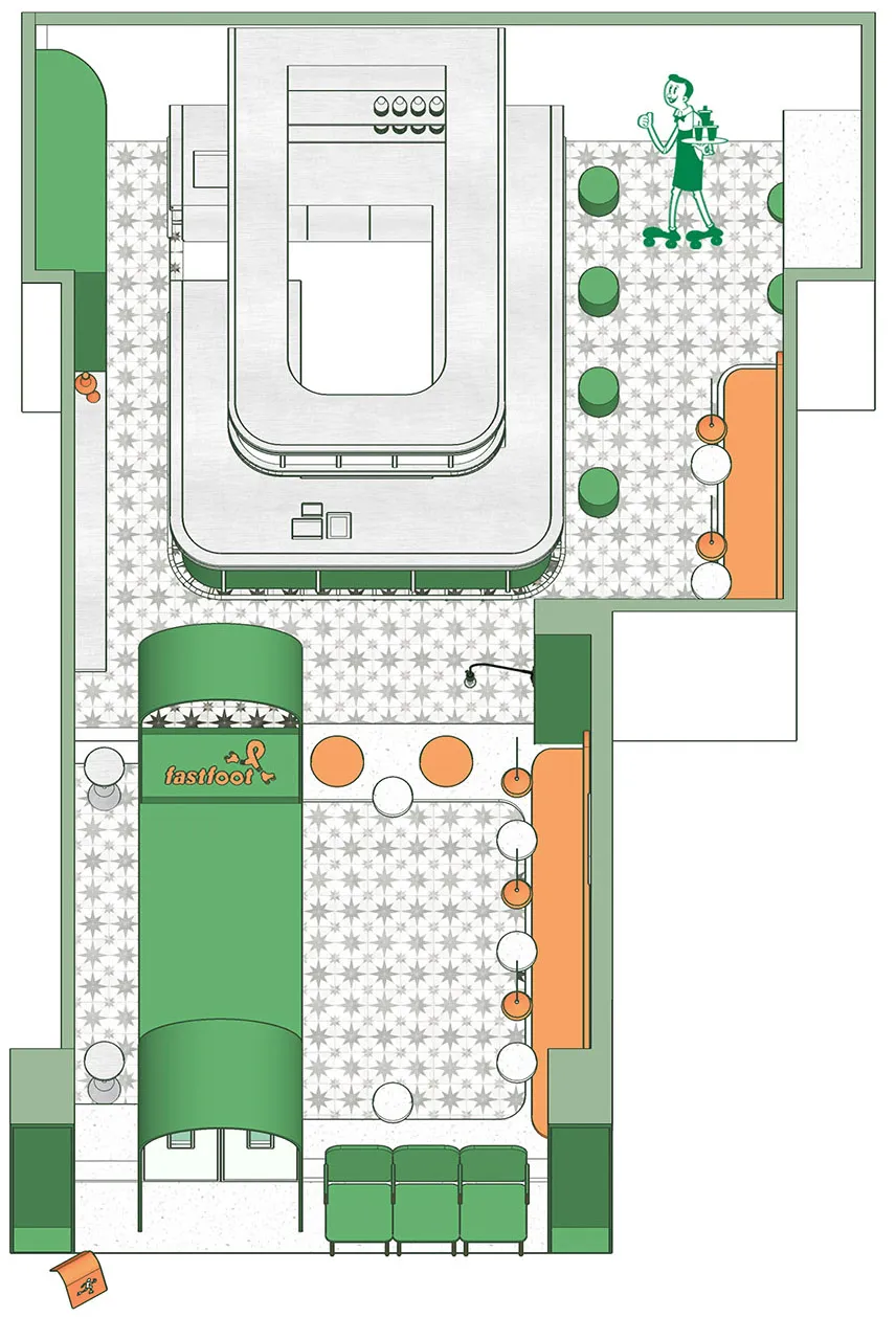 急急脚咖啡——复古绿 橙色，42㎡现代复古的轻奢质感 厚上设计