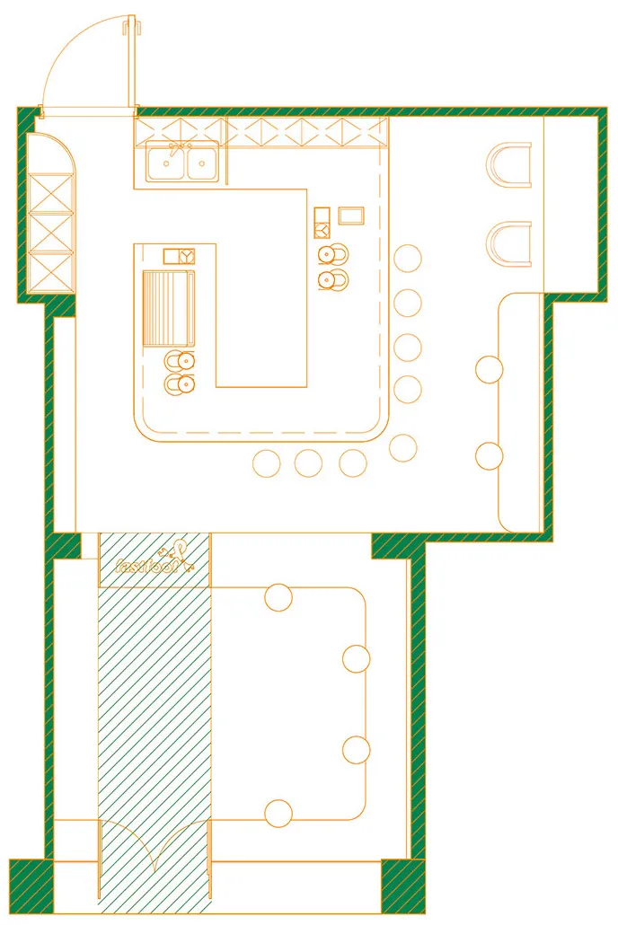 急急脚咖啡——复古绿 橙色，42㎡现代复古的轻奢质感 厚上设计